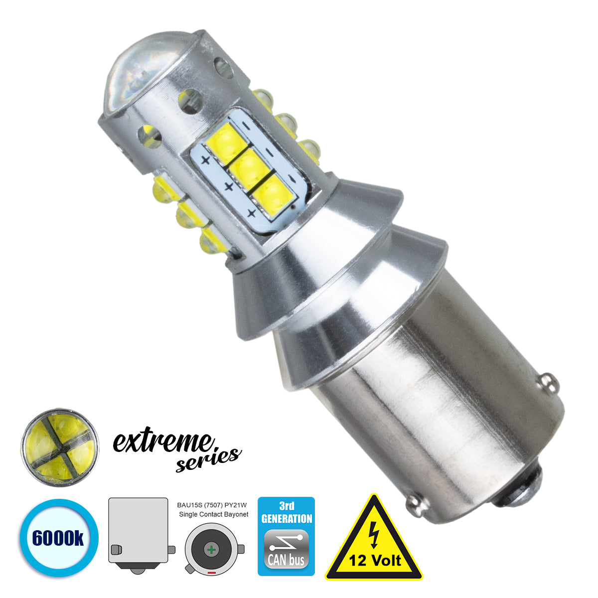 81257 Λάμπα Αυτοκίνητου 7507 - BAU15S - PY21W 3rd Generation Can-Bus Extreme Series LED 16 CREE XBD 15W 2115lm 360° DC 12V IP20 Ψυχρό Λευκό 6000K