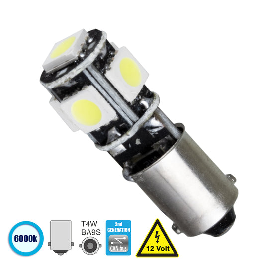 BA9S - T4W 81288 Λάμπα Αυτοκινήτου 2nd Generation Can-Bus Series LED 5 SMD 5050 2W 300lm 360° DC 12V IP20 Ψυχρό Λευκό 6000K