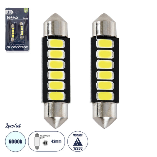 C5W 81304-B Λάμπες Αυτοκινήτου LED 42mm FESTOON - 6xSMD5630 3W 450lm 120° DC 12-16V IP20 Μ4.2 x Π0.9 x Υ0.9cm Ψυχρό Λευκό 6000K - Σετ 2 Τεμαχίων σε Blister