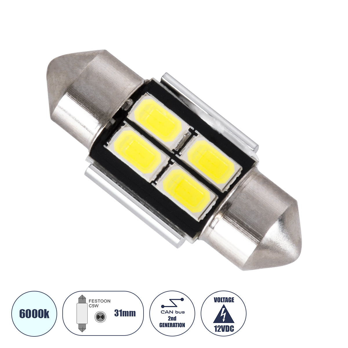 C5W 81310 Λάμπα Αυτοκίνητου 31mm FESTOON 2nd Generation Can-Bus Series LED 4 SMD 5630 3W 450lm 120° DC 12V IP20 Ψυχρό Λευκό 6000K