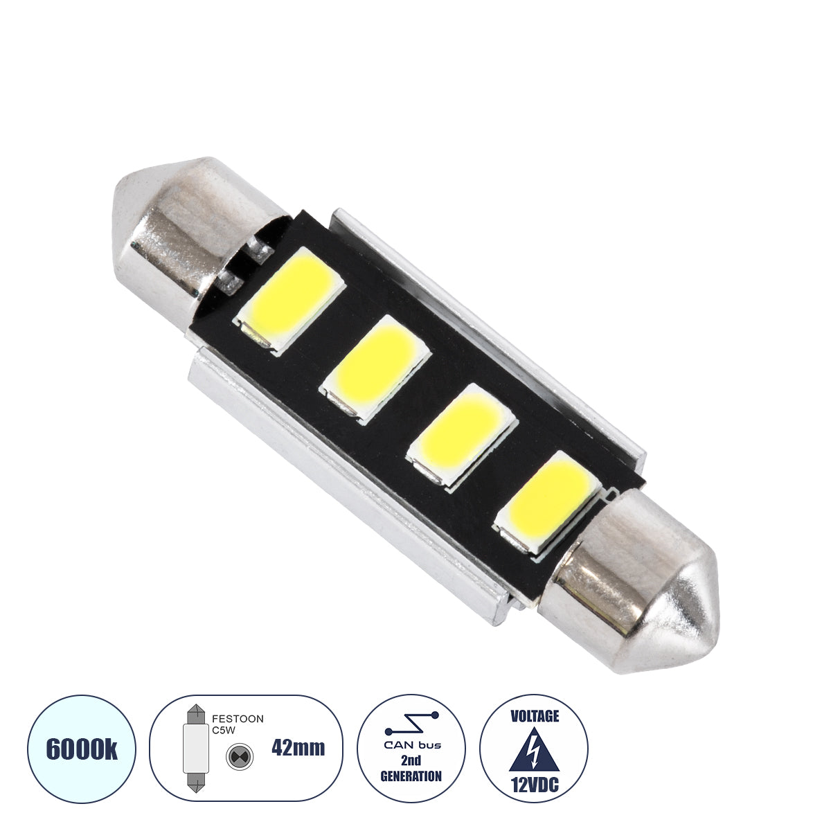 C5W 81321 Λάμπα Αυτοκινήτου LED 42mm FESTOON 2rd Generation Can-Bus Series 4xSMD5630 2W 300lm 120° DC 12-16V IP20 Μ4.2 x Π1.2 x Υ1.2cm Ψυχρό Λευκό 6000K