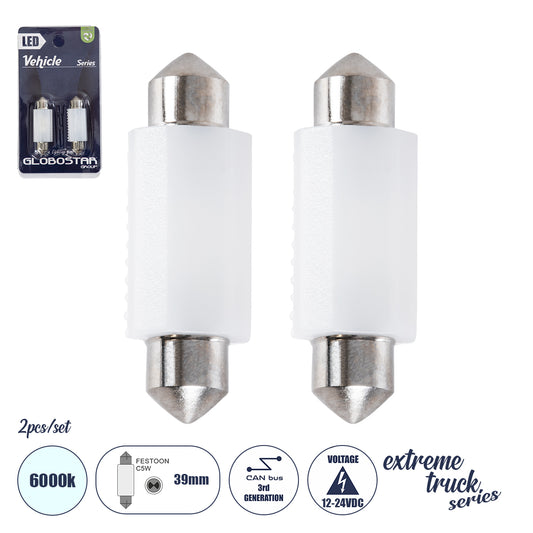 C5W 81334-B Σωληνωτή Λάμπα C5W 39mm CANbus LED 1.9W/3.8W 285lm/570lm 120° DC 12-24V IP20 Ψυχρό Λευκό 6000K - 2 x Epistar SMD3030 Chip - Μ3.9 x Π1.2 x Υ1