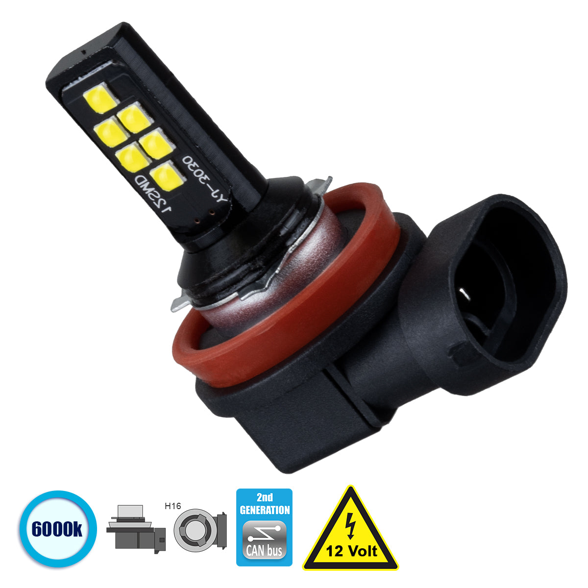 81452 Λάμπα Αυτοκίνητου H16 2nd Generation Can-Bus Series LED 12 SMD 3030 8W 1200lm 360° DC 12V IP20 Ψυχρό Λευκό 6000K