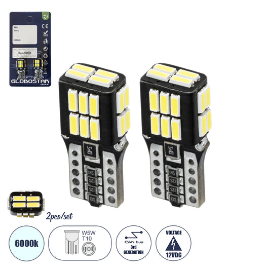 T10 W5W 81475-B Λάμπες Αυτοκινήτου LED 3rd Generation Can-Bus Series 24xSMD4014 1.8W 270lm 360° DC 12-16V IP20 Μ1 x Π1 x Υ2.5cm Ψυχρό Λευκό 6000K - Σετ 2 Τεμαχίων σε Blister