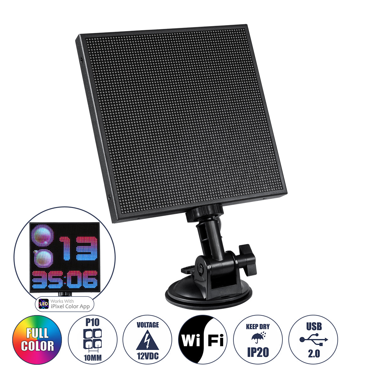 81502 LED Scrolling Display 64x64 Pixel - Κυλιόμενη Ψηφιακή Πινακίδα / Επιγραφή Μονής Όψης P10 LED SMD DC 12V USB - Λειτουργία μέσω Wi-Fi με Εφαρμογή APP - IP20 - Μ17.5 x Π4 x Υ30.5cm - Πολύχρωμο RGBW