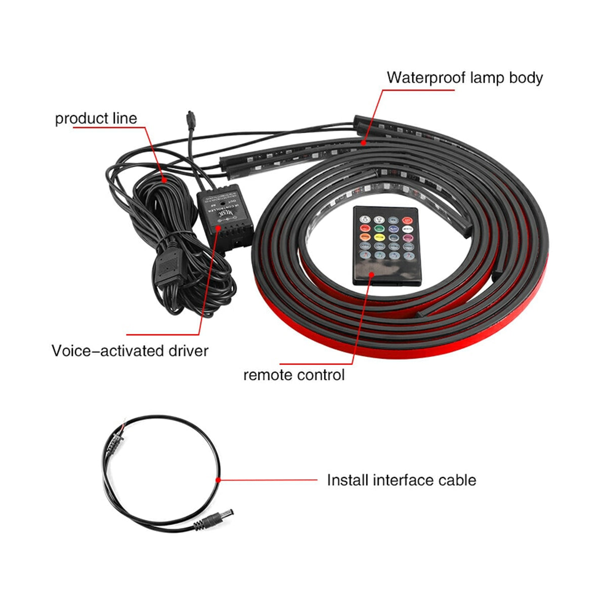 UNDERBODY 81841 Κιτ Διακοσμητικού Φωτισμού Αυτοκινήτου με IR Ασύρματο Χειριστήριο LED 72W 4320lm 120° DC 12V Αδιάβροχο IP65 Πολύχρωμο RGB - 2 Τεμάχια x Μ90 x Π1.3 x Υ1.3cm & 2 Τεμάχια x Μ120 x Π1.3 x Υ1.3 - Πακέτο 4 Τεμαχίων