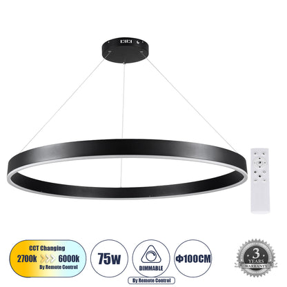VENOM 61182 Μοντέρνο Κρεμαστό Φωτιστικό Οροφής LED 75W 8818lm 120° AC 220-240V IP20 Ρυθμιζόμενο Λευκό CCT με Χειριστήριο από 2700K έως 6000K Dimmable - Lumileds SMD Chip - Μαύρο Ματ - Μ100 x Π100 x Υ6.5