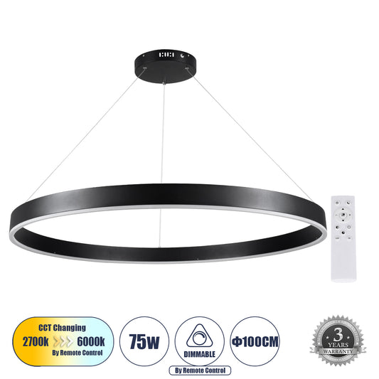 VENOM 61182 Μοντέρνο Κρεμαστό Φωτιστικό Οροφής LED 75W 8818lm 120° AC 220-240V IP20 Ρυθμιζόμενο Λευκό CCT με Χειριστήριο από 2700K έως 6000K Dimmable - Lumileds SMD Chip - Μαύρο Ματ - Μ100 x Π100 x Υ6.5