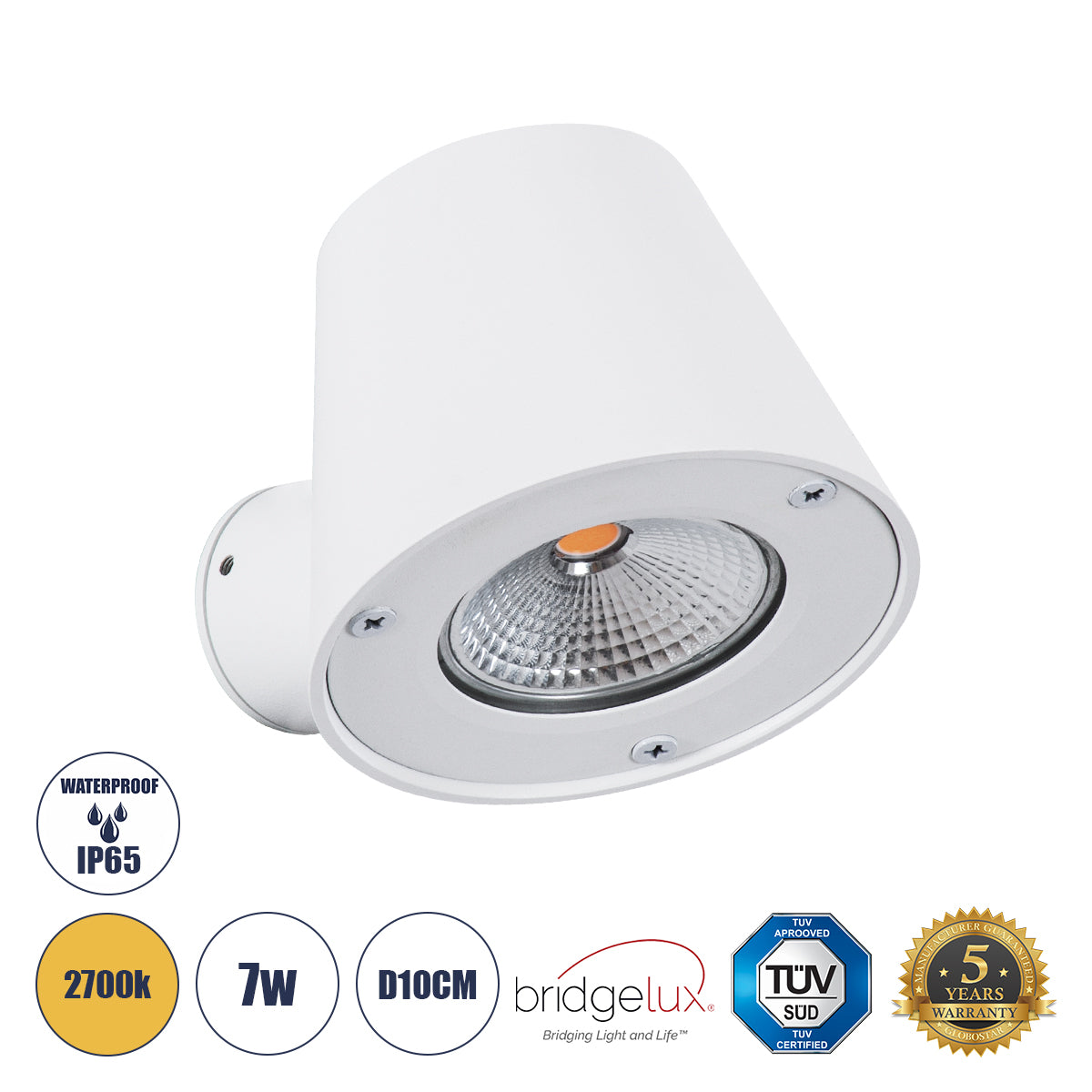 GARDENIA 60797 Φωτιστικό Τοίχου - Απλίκα Αρχιτεκτονικού Φωτισμού Εσωτερικού/Εξωτερικού Χώρου Up or Down LED 7W 700lm 60° AC220-240V Αδιάβροχο IP65 - Σώμα Αλουμινίου & Tempered Glass - Μ9.5 x Π13 x Υ7.7cm - Θερμό Λευκό 2700K - Λευκό - Bridgelux Chip