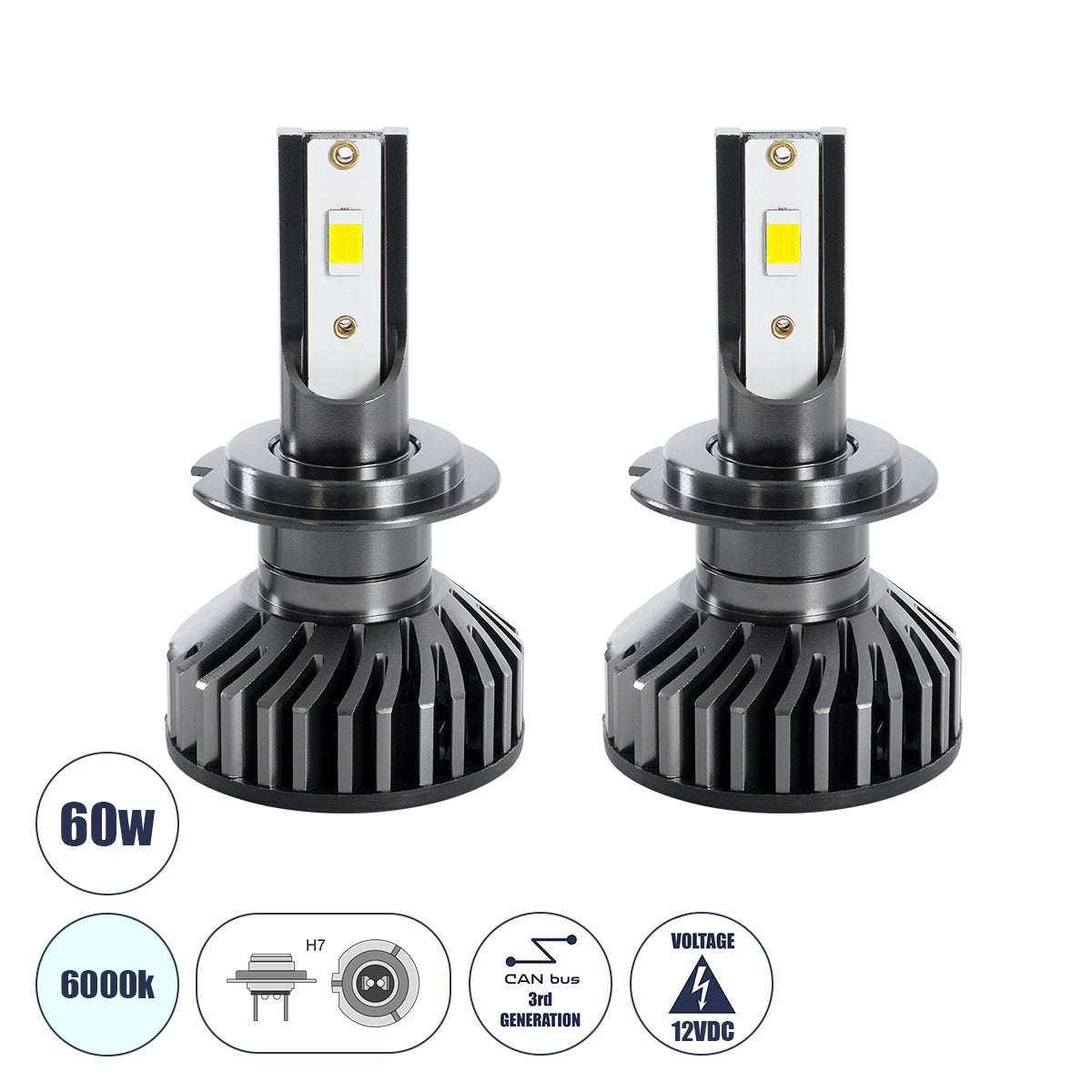 LEDKITF2 82023 Λάμπα H7 CANbus LED 30W/60W 3500lm/7000lm 360° DC 12-24V Αδιάβροχο IP65 Ψυχρό Λευκό 6000K - CREE COB Chip - Μ4 x Π4 x Υ6.6 - Πακέτο 2 Τεμαχίων