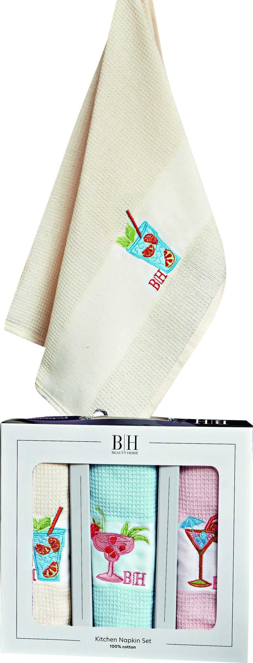 Ποτηρόπανα Σετ 3 Τμχ Cocktail Art 8286 40x60εκ Εκρού-Σιέλ-Ροζ