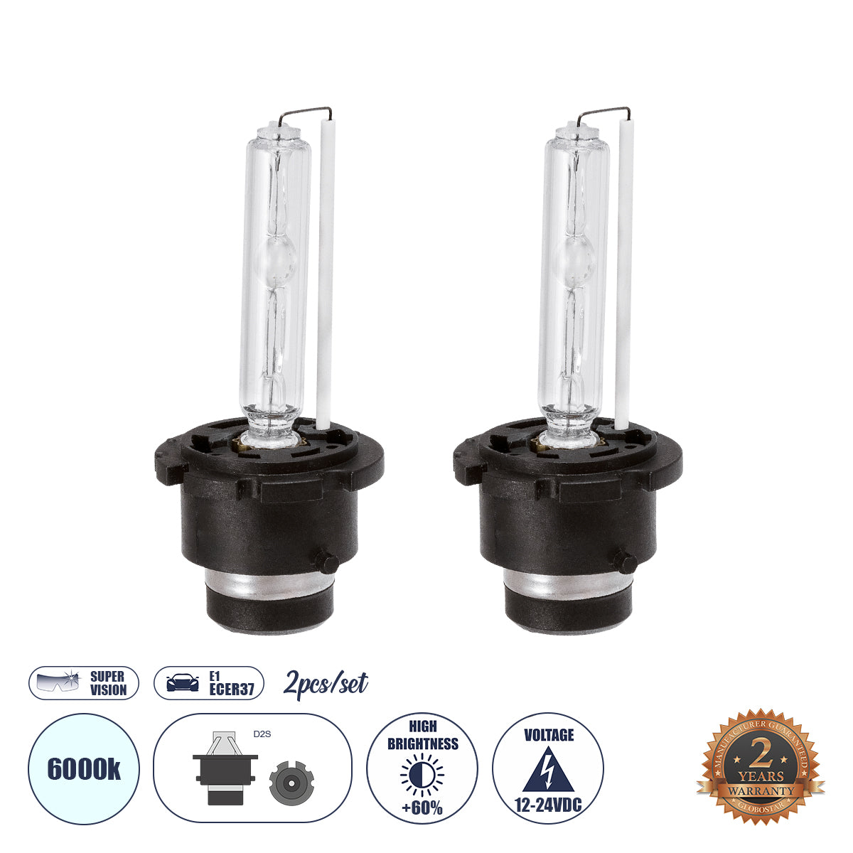 HID 84032 Λάμπα Xenon D2S/D2C Super Vision Υψηλής Φωτεινότητας +60% CANbus E1 ECER37 55W/110W 5000lm/10000lm 360° DC 12-24V Αδιάβροχο IP65 Ψυχρό Λευκό 6000K - Μ3.2 x Π3.2 x Υ7.5 - Πακέτο 2 Τεμαχίων
