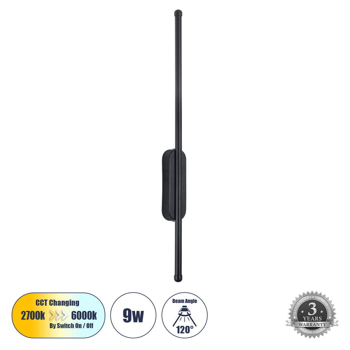 HARLEM 61331 Φωτιστικό Τοίχου - Απλίκα Design LED CCT 9W 1080lm 120° AC 220-240V - Εναλλαγή Φωτισμού μέσω Διακόπτη On/Off All In One Ψυχρό 6000k+Φυσικό 4500k+Θερμό 2700k Μ5 x Π4 x Υ60cm - Μαύρο