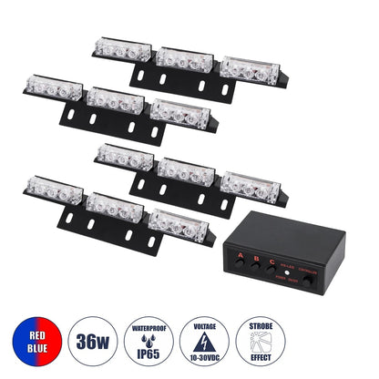 85017 PRO Series ΣΕΤ 4 x 3 Μπάρες Σήμανσης Οχήματος Οδικής Βοήθειας για Αυτοκίνητα & Φορτηγά 3 Προγραμμάτων Φωτισμού STROBE LED HIGH POWER 36W DC 10-30V Αδιάβροχο IP65 Κόκκινο & Μπλε- Μ18 x Π4.5 x Υ3cm