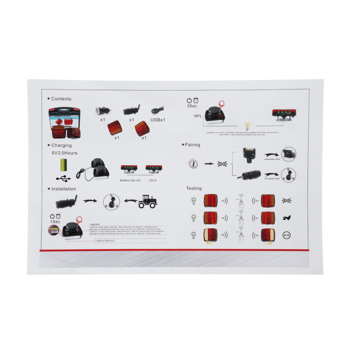 85339 Ζευγάρι Ασύρματα Επαναφορτιζόμενα Φανάρια για Τρέιλερ LED 150W με Μαγνήτη & Επαναφορτιζόμενη Μπαταρία 2000mAh - Ασύρματος Πομπός & Δέκτης RF 2.4Ghz - Κόκκινο - Πορτοκαλί - Λευκό - Αδιάβροχα IP65 - Μ11 x Π11 x Υ5cm