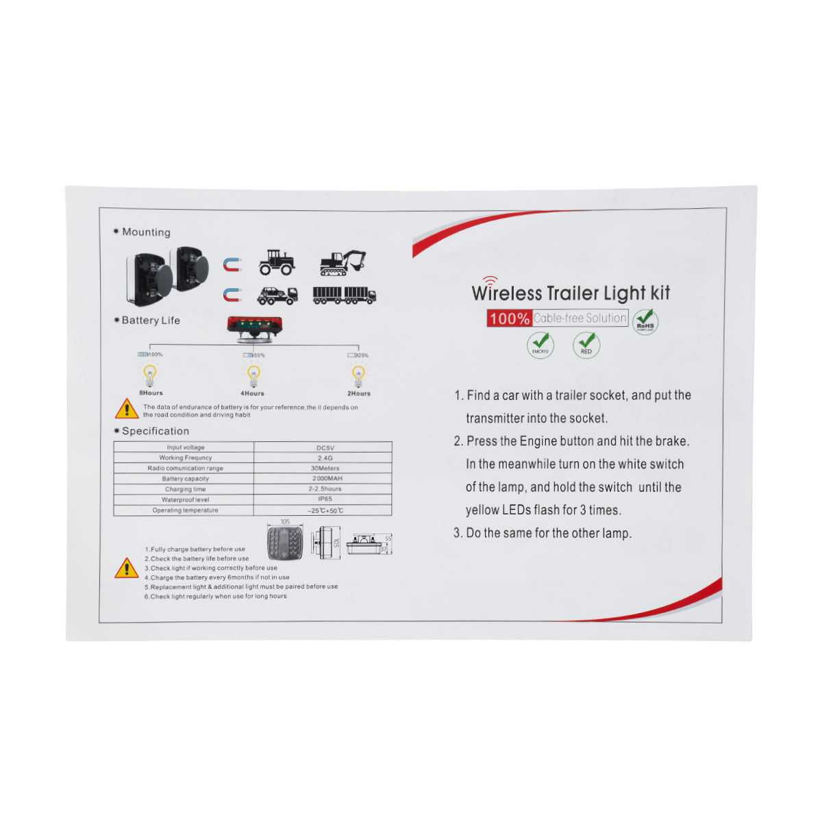 85339 Ζευγάρι Ασύρματα Επαναφορτιζόμενα Φανάρια για Τρέιλερ LED 150W με Μαγνήτη & Επαναφορτιζόμενη Μπαταρία 2000mAh - Ασύρματος Πομπός & Δέκτης RF 2.4Ghz - Κόκκινο - Πορτοκαλί - Λευκό - Αδιάβροχα IP65 - Μ11 x Π11 x Υ5cm