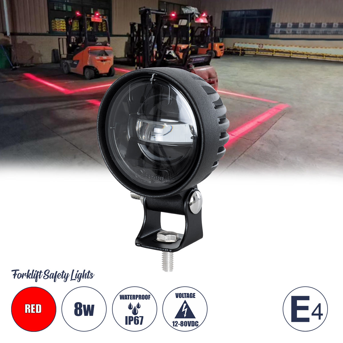 85340 E4 Mark Forklift Safety Lights - Φώτα Προειδοποίησης & Διαγράμμισης Ασφαλείας για Περονοφόρα - Κλάρκ LED 8W DC 12-80V Αδιάβροχο IP67 Κόκκινο Μ8.5 x Π6.5 x Υ12cm