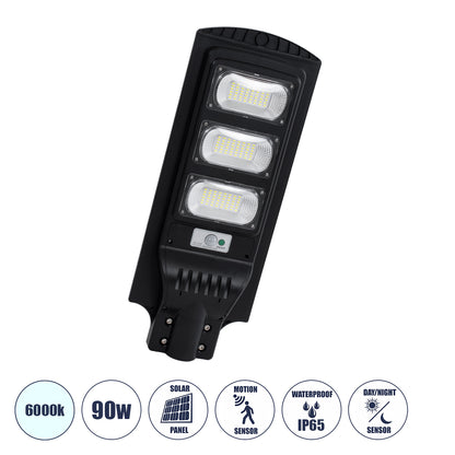 STREETB 85343 Φωτιστικό Δρόμου LED 90W 4500lm 120° DC 5V με Ενσωματωμένο Φωτοβολταϊκό Panel 6V 12W & Επαναφορτιζόμενη Μπαταρία Li-ion 3.2V 12000mAh με Αισθητήρα Κίνησης-Ημέρας-Νύχτας Αδιάβροχο IP65 Ψυχρό Λευκό 6000K - Μαύρο - Μ24 x Π63 x Υ6