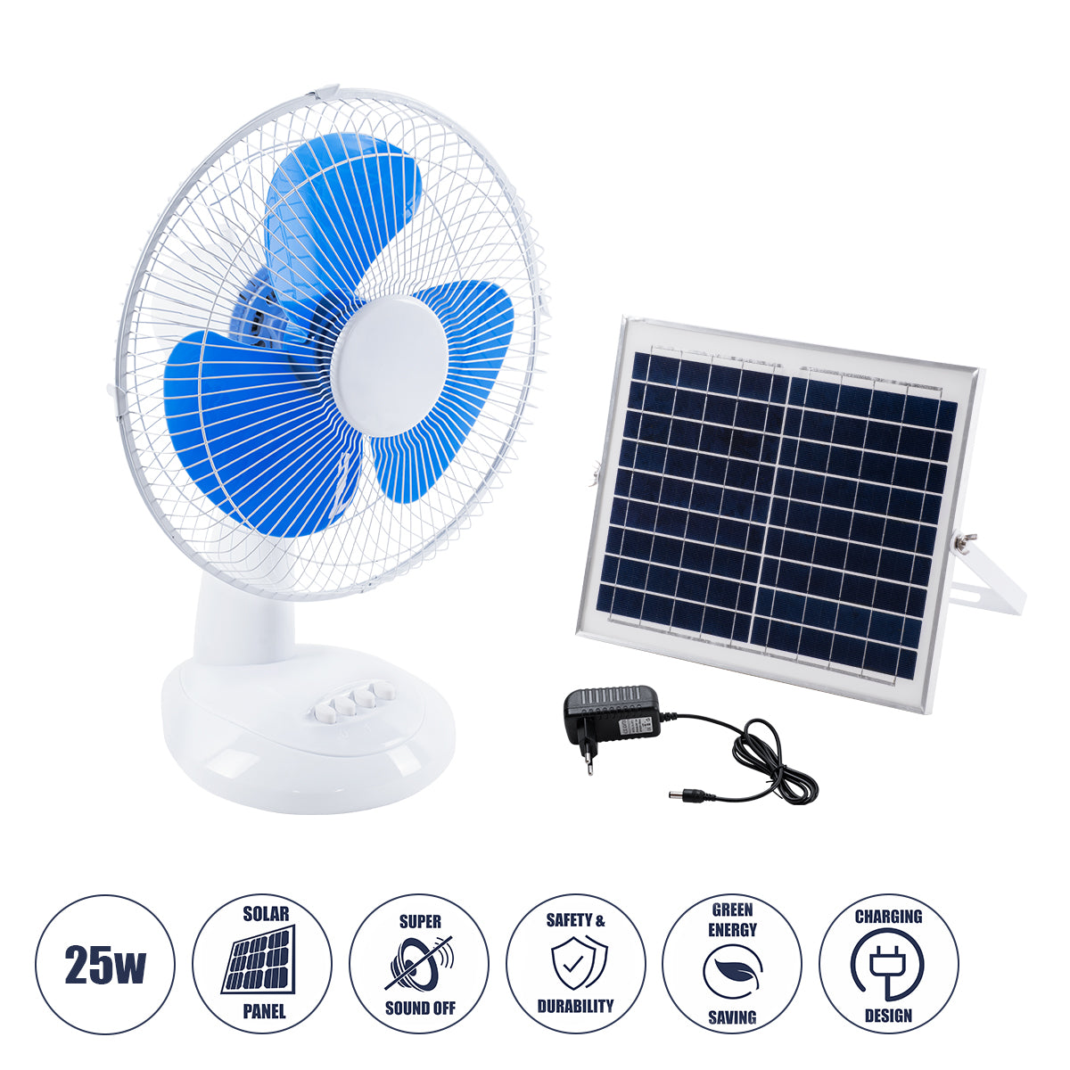 SOLARI-FAN 85353 Solar Fan Αυτόνομος Ηλιακός Επιτραπέζιος Ανεμιστήρας 25W 2 Λειτουργιών Ρεύματος με AC 220-240V ή με Φωτοβολταϊκό Panel 9V 12W & Επαναφορτιζόμενη Μπαταρία Li-ion 7.4V 4400mAh - 3 Ταχύτητες - IP20 - Μ24 x Π36 x Υ49cm - Λευκό & Μπλε