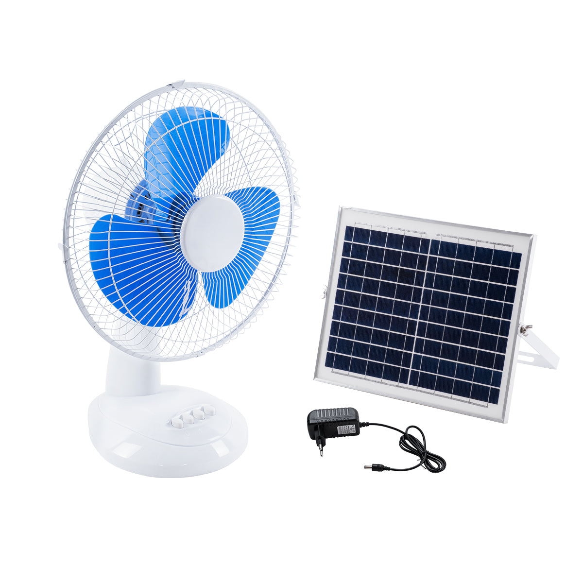 SOLARI-FAN 85353 Solar Fan Αυτόνομος Ηλιακός Επιτραπέζιος Ανεμιστήρας 25W 2 Λειτουργιών Ρεύματος με AC 220-240V ή με Φωτοβολταϊκό Panel 9V 12W & Επαναφορτιζόμενη Μπαταρία Li-ion 7.4V 4400mAh - 3 Ταχύτητες - IP20 - Μ24 x Π36 x Υ49cm - Λευκό & Μπλε