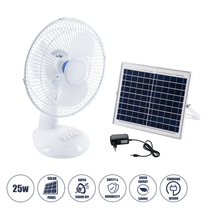 SOLARI-FAN 85354 Solar Fan Αυτόνομος Ηλιακός Επιτραπέζιος Ανεμιστήρας 25W 2 Λειτουργιών Ρεύματος με AC 220-240V ή με Φωτοβολταϊκό Panel 9V 12W & Επαναφορτιζόμενη Μπαταρία Li-ion 7.4V 4400mAh - 3 Ταχύτητες - IP20 - Μ24 x Π36 x Υ49cm - Λευκό