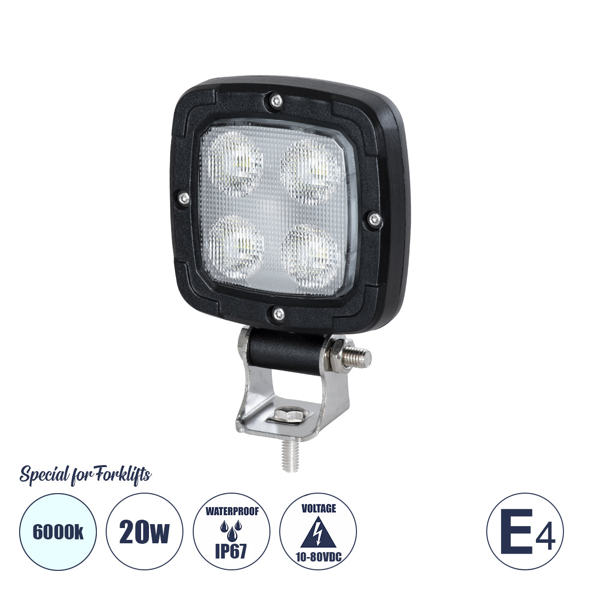 85399 E4 Mark Vehicle & Forklift Work Lights - Φώτα Εργασίας για Οχήματα Περονοφόρα - Κλάρκ LED 20W DC 10-80V Αδιάβροχο IP67 Ψυχρό Λευκό 6000K Μ11 x Π11 x Υ5cm