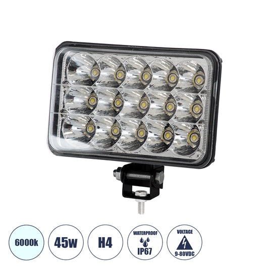 85420 Vehicle & Forklift Work Lights - Φώτα Εργασίας για Οχήματα Περονοφόρα - Κλάρκ H4 H/L LED 45W DC 9-80V Αδιάβροχο IP67 Ψυχρό Λευκό 6000K Μ20.5 x Π13.5 x Υ6.5