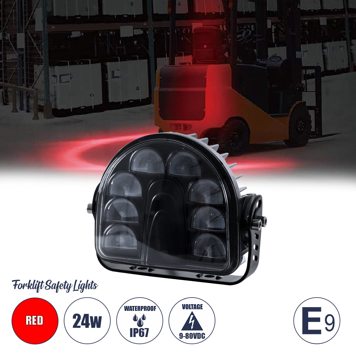 85423 E9 Mark Forklift Safety Lights - Φώτα Προειδοποίησης & Διαγράμμισης Ασφαλείας για Περονοφόρα - Κλάρκ LED 24W DC 9-80V Αδιάβροχο IP67 Κόκκινο Μ14 x Π14.5 x Υ6
