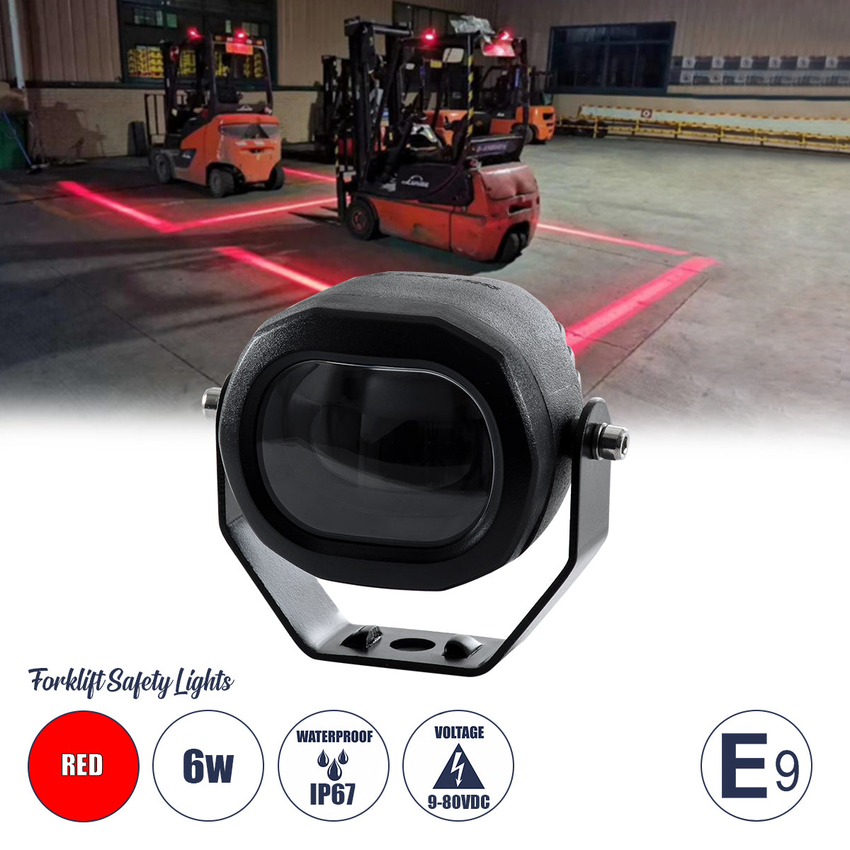 85426 E9 Mark Forklift Safety Lights - Φώτα Προειδοποίησης & Διαγράμμισης Ασφαλείας για Περονοφόρα - Κλάρκ LED 6W DC 9-80V Αδιάβροχο IP67 Κόκκινο Μ7 x Π8 x Υ5.5