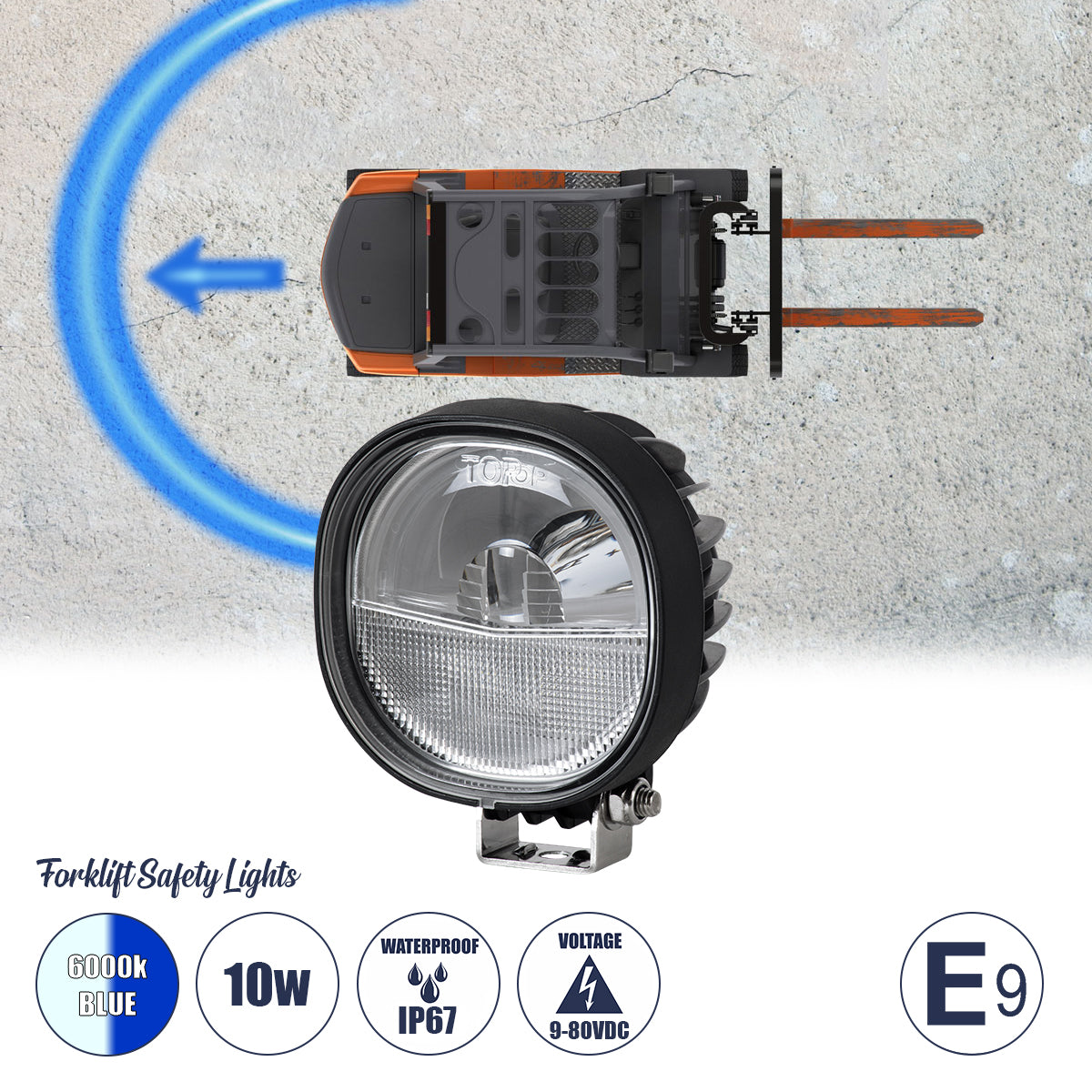 85429 E9 Mark Forklift Safety Lights - Φώτα Προειδοποίησης & Διαγράμμισης Ασφαλείας για Περονοφόρα - Κλάρκ LED 10W DC 9-80V Αδιάβροχο IP67 Μπλε & Ψυχρό Λευκό 6000K Μ12.5 x Π10 x Υ6.5