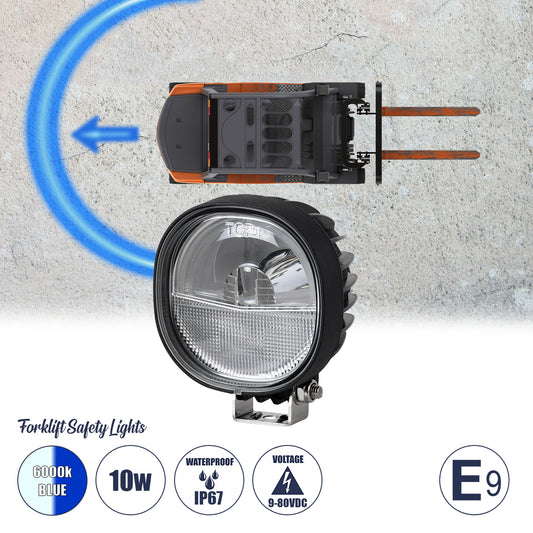 85429 E9 Mark Forklift Safety Lights - Φώτα Προειδοποίησης & Διαγράμμισης Ασφαλείας για Περονοφόρα - Κλάρκ LED 10W DC 9-80V Αδιάβροχο IP67 Μπλε & Ψυχρό Λευκό 6000K Μ12.5 x Π10 x Υ6.5