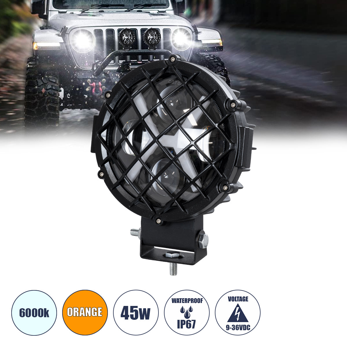 85438 Vehicle & JEEP Work Lights - Φώτα Εργασίας για Οχήματα και JEEP με X Light DRL & Φλας LED High Power 45W DC 9-36V Αδιάβροχo IP67 Πορτοκαλί & Ψυχρό Λευκό 6000K M17 x Π8 x Υ21cm