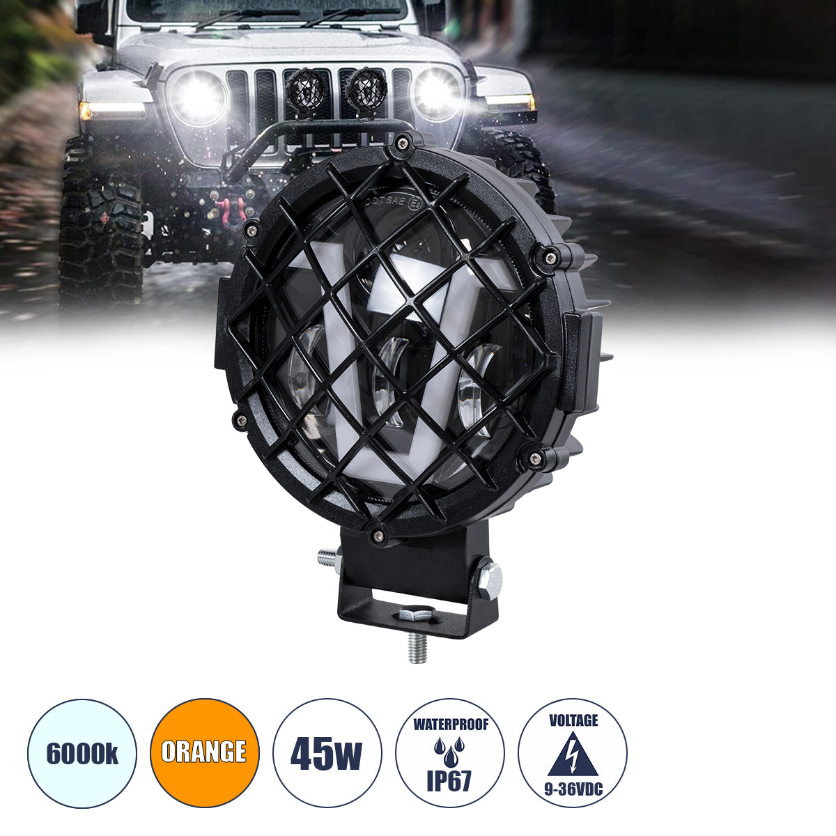 85439 Vehicle & JEEP Work Lights - Φώτα Εργασίας για Οχήματα και JEEP με V Light DRL & Φλας LED High Power 45W DC 9-36V Αδιάβροχo IP67 Πορτοκαλί & Ψυχρό Λευκό 6000K M17 x Π8 x Υ21cm