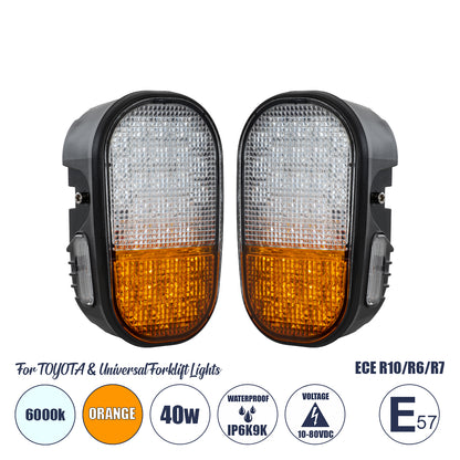 85455 E57 Mark Σετ 2 x Φανάρια για TOYOTA & UNIVERSAL FORKLIFT Βασικού Φωτισμού για Οχήματα Περονοφόρα - Κλάρκ με Φλας LED 40W DC 10-80V Αδιάβροχα IP6K9K Πορτοκαλί & Ψυχρό Λευκό 6000K Μ20 x Π8 x Υ12cm