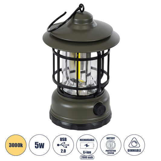85693 Αυτόνομο Επαναφορτιζόμενο Φανάρι Camping LED 5W USB 2.0 με Επαναφορτιζόμενη Μπαταρία 1 x 18650 2000mAh Li-ion - IP20 - Dimmable - Πράσινο Χακί με Διάφανο Γυαλί - Θερμό Λευκό 3000K Φ12 x Υ17