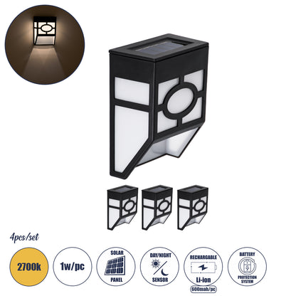 85707 ΣΕΤ 4 Τεμαχίων Αυτόνομα Ηλιακά Φωτιστικά Τοίχου Μαύρα-Λευκά LED SMD 1W 100lm με Ενσωματωμένη Μπαταρία 600mAh - Φωτοβολταϊκό Πάνελ με Αισθητήρα Ημέρας-Νύχτας Αδιάβροχα IP65 Θερμό Λευκό 3000K