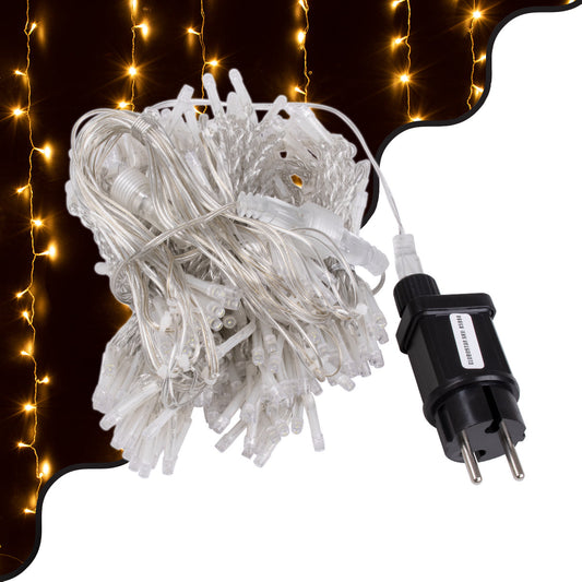 85803 Διακοσμητική Κουρτίνα 3 x 3 Μέτρα με Controller 8 Προγραμμάτων Φωτισμού - Επεκτεινόμενη 300 LED 8W AC 230V με Διάφανο Καλώδιο & Πρίζα Schuko Αδιάβροχη IP67 Θερμό Λευκό 3000K Μ3 x Υ3m