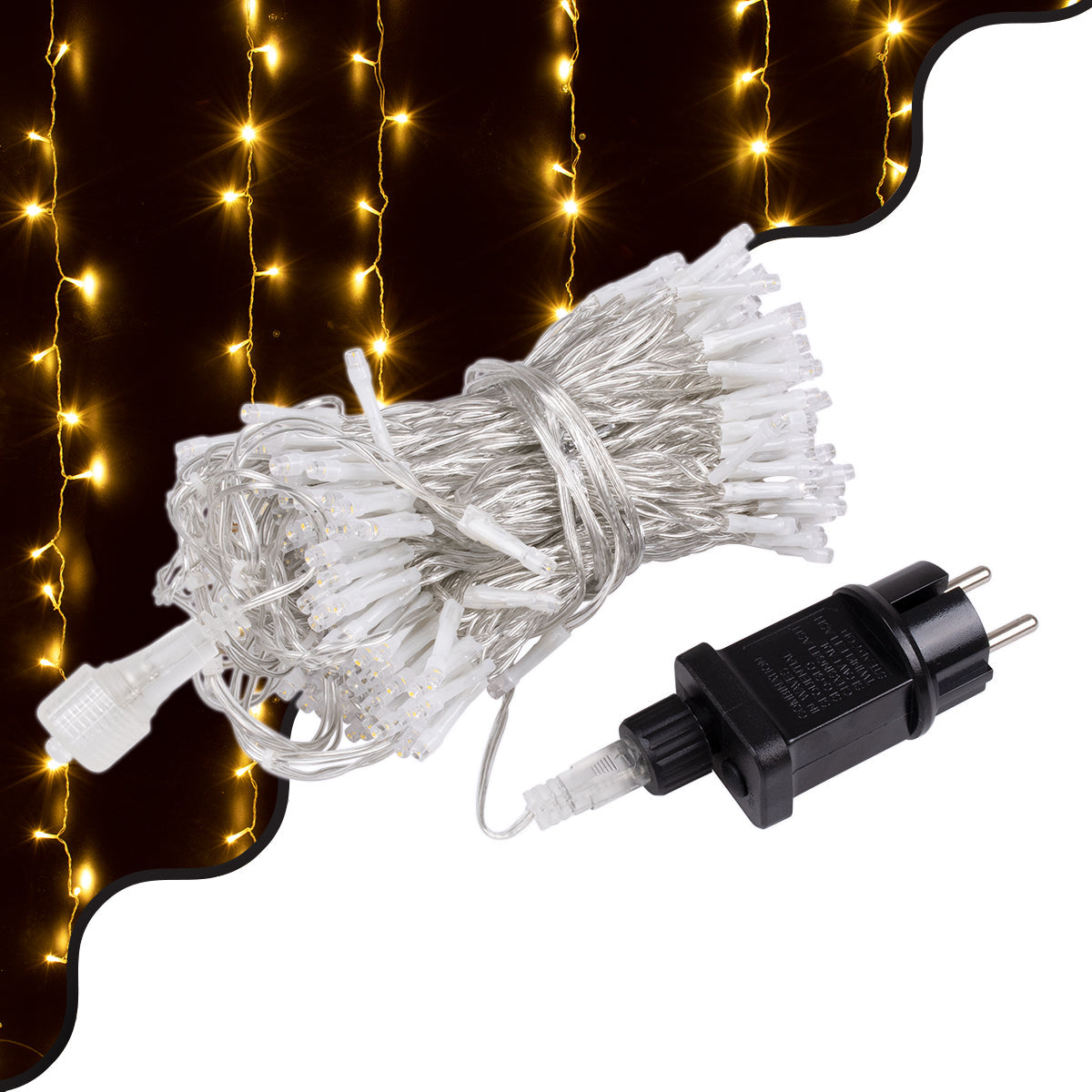 85826 Διακοσμητική Κουρτίνα 3 x 3 Μέτρα με Controller 8 Προγραμμάτων Εναλλαγών Φωτισμού - Επεκτεινόμενη 300 LED 3.6W AC 230V με Διάφανο Καλώδιο & Πρίζα Schuko Αδιάβροχη IP44 Θερμό Λευκό 2700K Μ3 x Υ3m