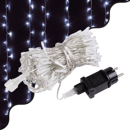 85828 Διακοσμητική Κουρτίνα 3 x 3 Μέτρα με Controller 8 Προγραμμάτων Εναλλαγών Φωτισμού - Επεκτεινόμενη 300 LED 3.6W AC 230V με Διάφανο Καλώδιο & Πρίζα Schuko Αδιάβροχη IP44 Ψυχρό Λευκό 6000K Μ3 x Υ3m