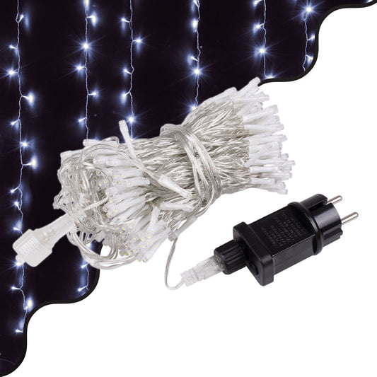 85828 Διακοσμητική Κουρτίνα 3 x 3 Μέτρα με Controller 8 Προγραμμάτων Εναλλαγών Φωτισμού - Επεκτεινόμενη 300 LED 3.6W AC 230V με Διάφανο Καλώδιο & Πρίζα Schuko Αδιάβροχη IP44 Ψυχρό Λευκό 6000K Μ3 x Υ3m