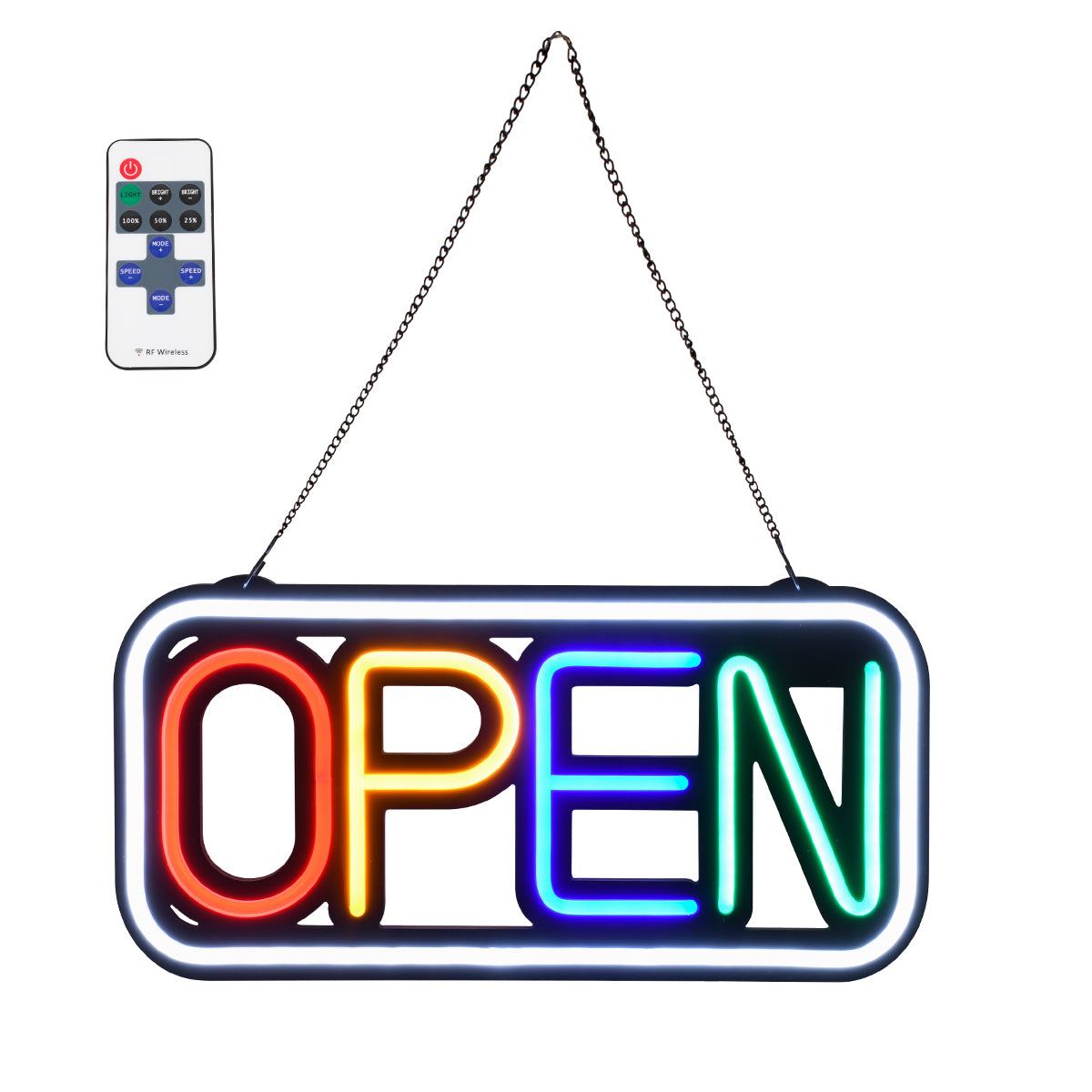 85857 Φωτιστικό Ταμπέλα Φωτεινή Επιγραφή NEON LED Σήμανσης Animated Square OPEN 30W AC 230V με Διακόπτη On/Off και Ασύρματο Χειριστήριο IR Λευκό - Κόκκινο - Πράσινο - Κίτρινο - Γαλάζιο