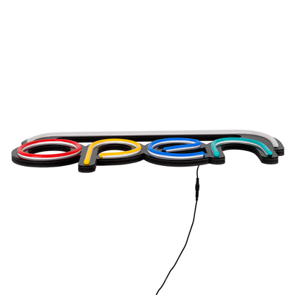85859 Φωτιστικό Ταμπέλα Φωτεινή Επιγραφή NEON LED Σήμανσης Animated OPEN 30W AC 230V με Διακόπτη On/Off και Ασύρματο Χειριστήριο IR Λευκό - Κόκκινο - Πράσινο - Κίτρινο - Γαλάζιο
