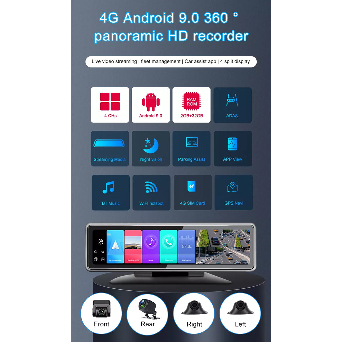 86058 Καθρέπτης Αυτοκινήτου Android 9.0 360° με 4 Κάμερες SD Card Slot - RAM2GB+ROM32GB - FM Transmitter - Νυχτερινή Όραση - με Parking Lines - Μαύρο