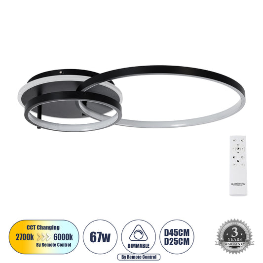 NEMESIS 61105 Φωτιστικό Οροφής Δαχτυλίδι-Κύκλος LED CCT 67W 7573lm 360° AC 220-240V - Εναλλαγή Φωτισμού μέσω Τηλεχειριστηρίου All In One Ψυχρό 6000k+Φυσικό 4500k+Θερμό 2700k Dimmable Φ25+45cm+BackLight - Μαύρο