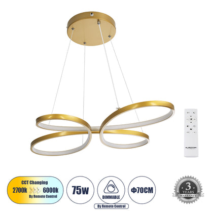 BUTTERFLY 61393 Κρεμαστό Φωτιστικό Οροφής Design LED CCT 75W 8400lm 300° AC 220-240V - Εναλλαγή Φωτισμού μέσω Τηλεχειριστηρίου All In One Ψυχρό 6000k+Φυσικό 4500k+Θερμό 2700k Dimmable Μ71 x Π52 x Υ4cm - Χρυσό Βούρτσας