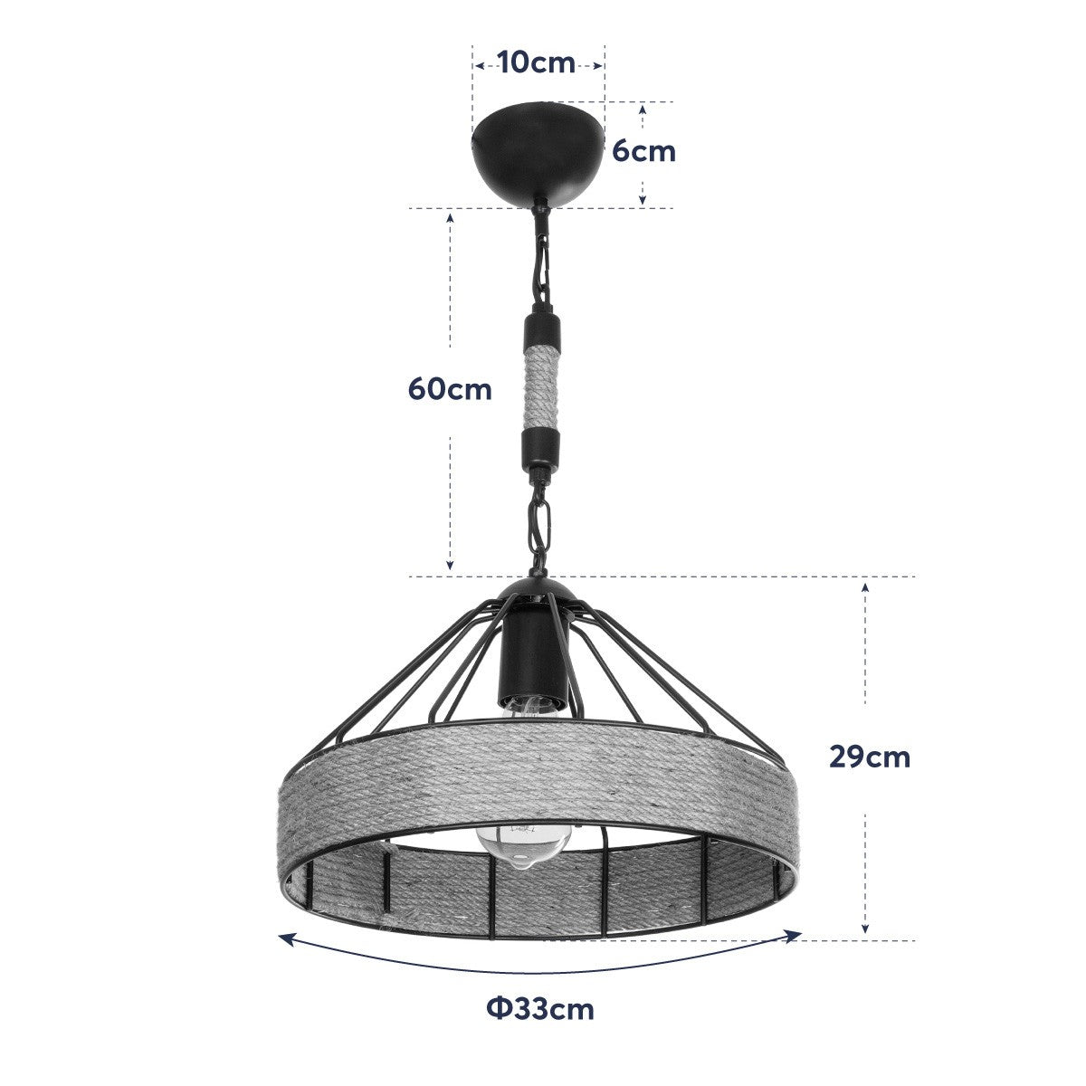 ZION 203-0003 Vintage Κρεμαστό Φωτιστικό Σχοινί Μονόφωτο 1 x E27 IP20 Μαύρο Μέταλλο με Μπεζ Σχοινί - Μ33 x Π33 x Υ90cm