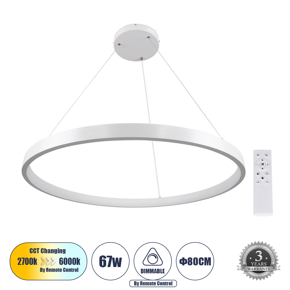 NEMESIS 61162 Κρεμαστό Φωτιστικό Δαχτυλίδι-Κύκλος LED CCT 67W 7689lm 360° AC 220-240V - Εναλλαγή Φωτισμού μέσω Τηλεχειριστηρίου All In One Ψυχρό 6000k+Φυσικό 4500k+Θερμό 2700k Dimmable Φ80cm - Λευκό