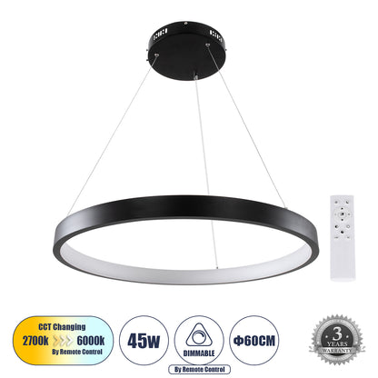 NEMESIS 61158 Κρεμαστό Φωτιστικό Δαχτυλίδι-Κύκλος LED CCT 45W 5230lm 360° AC 220-240V - Εναλλαγή Φωτισμού μέσω Τηλεχειριστηρίου All In One Ψυχρό 6000k+Φυσικό 4500k+Θερμό 2700k Dimmable Φ60cm - Μαύρο