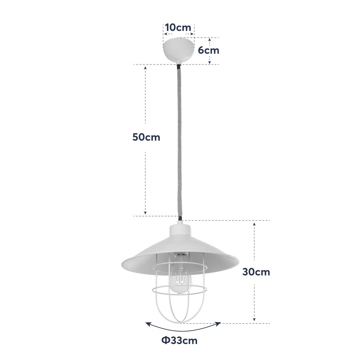 TULUB 203-0010 Vintage Κρεμαστό Φωτιστικό Σχοινί Μονόφωτο 1 x E27 IP20 Λευκό Μέταλο με Μπεζ Σχοινί - Μ31 x Π31 x Υ90cm