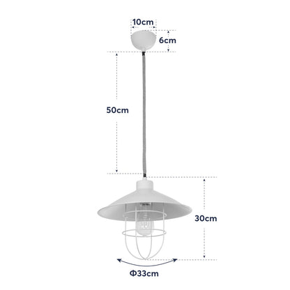 TULUB 203-0010 Vintage Κρεμαστό Φωτιστικό Σχοινί Μονόφωτο 1 x E27 IP20 Λευκό Μέταλο με Μπεζ Σχοινί - Μ31 x Π31 x Υ90cm